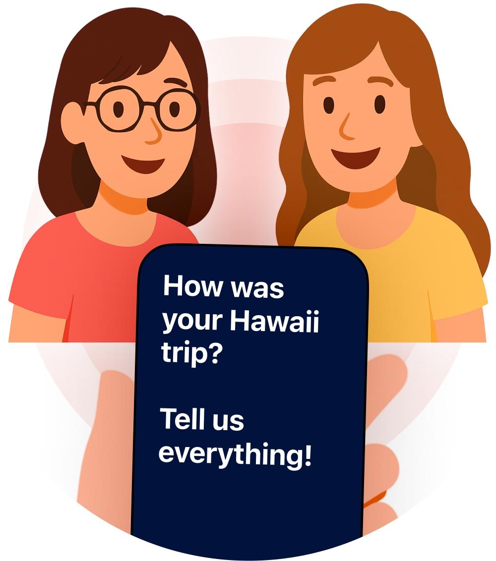 Two friends chatting with a phone showing live captions