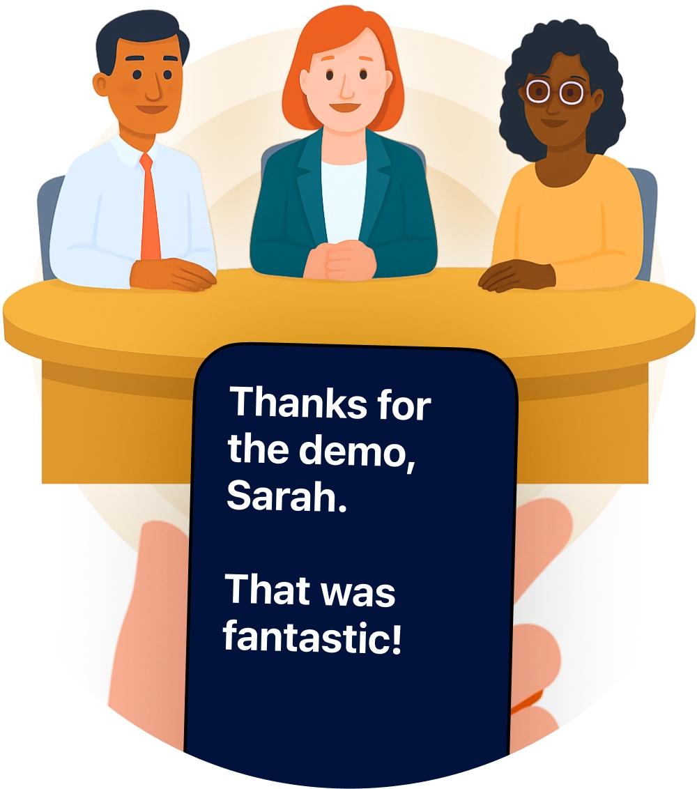 A work meeting with a phone showing live captions